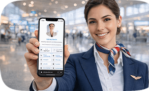 Flight attendant holding phone