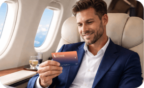 Professional on plane holding card